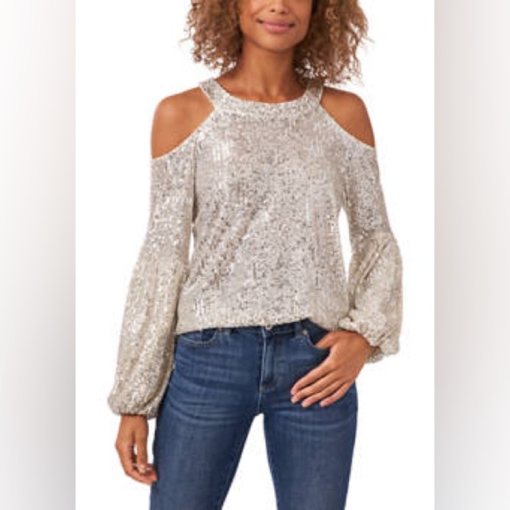 CeCe Silver Cold Shoulder Top